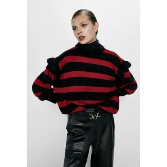 Zara Women Striped Sweater Ruffle Detail S Red - Picture 1 of 6